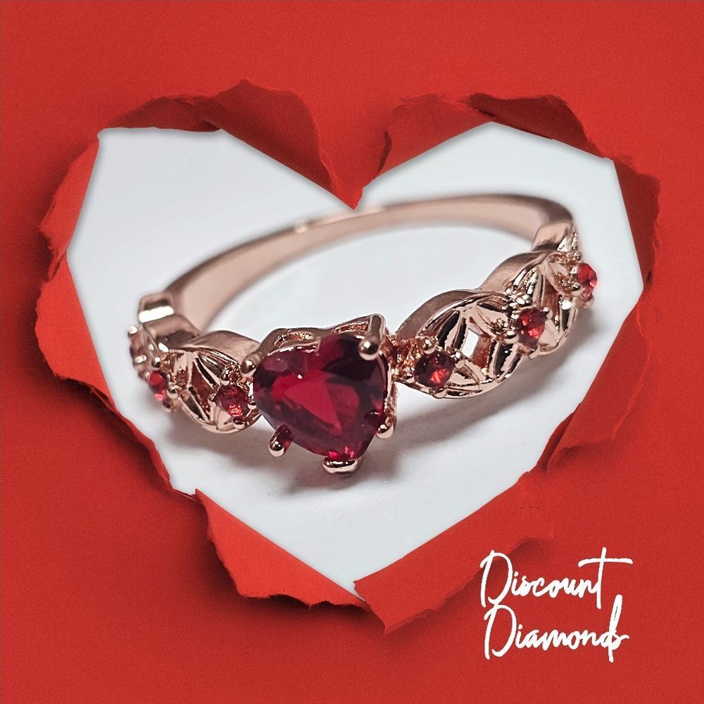 Heart Shaped Ruby Cocktail Ring 18K Rose Gold Band on 925 Silver